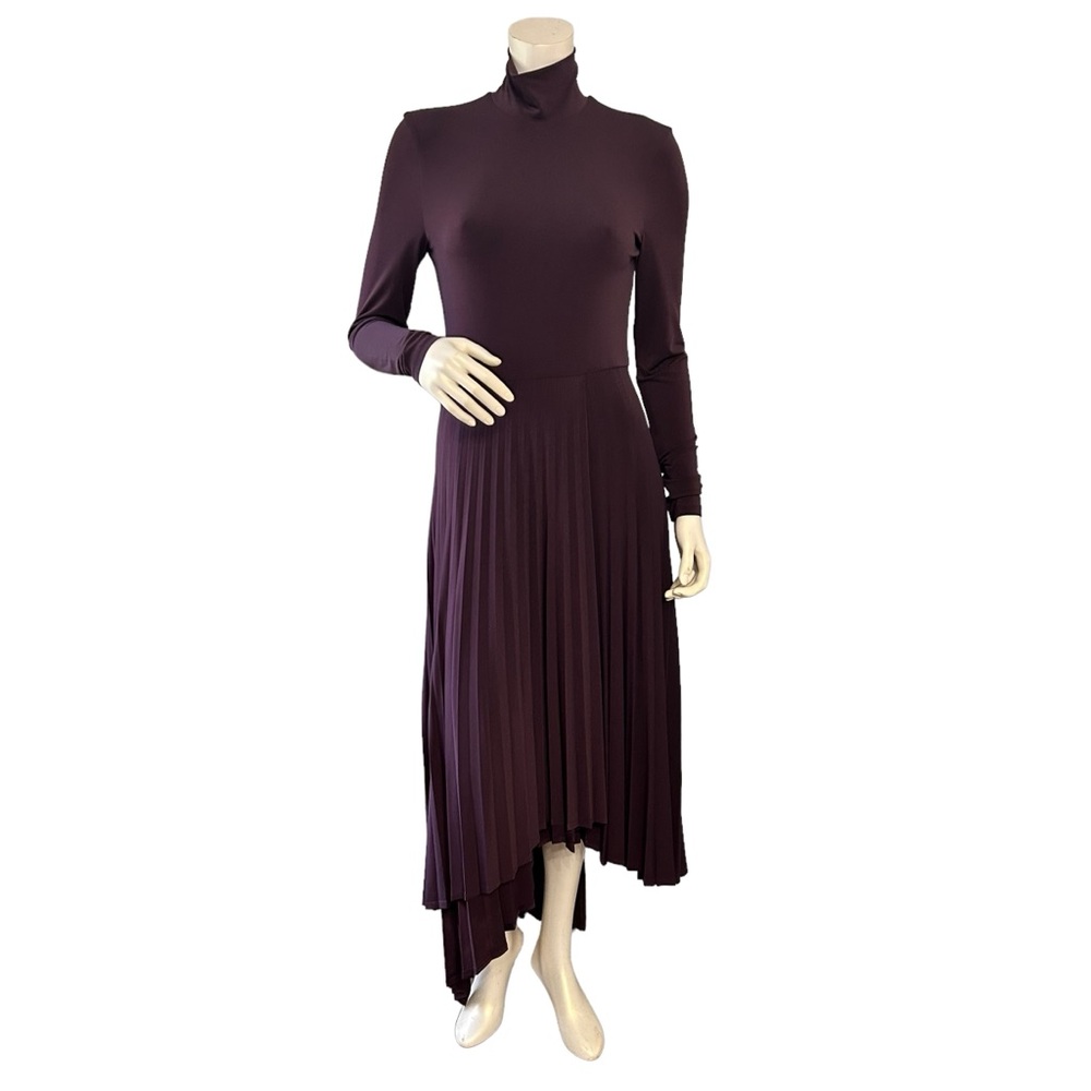 HALSTON plum purple long sleeve turtle neck pleated asymmetrical midi dress